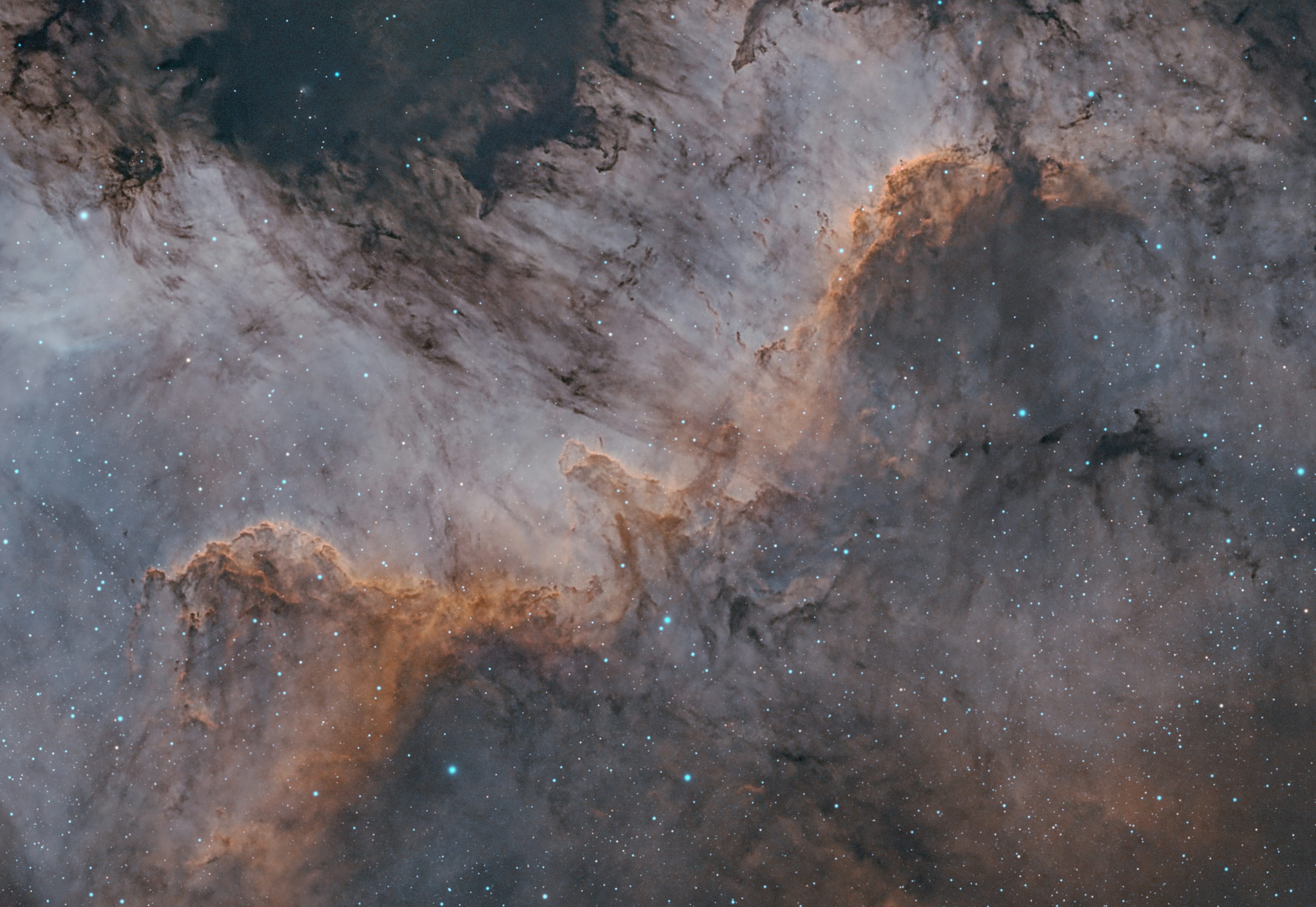 The North America Nebula glowing with orange and grey gas clouds among scattered stars